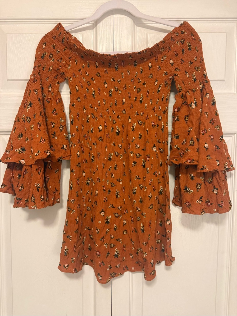 Rust Floral Off-Shoulder Bell Sleeve Dress